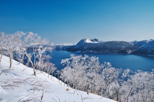 Frost covered trees on Lake Mashu , Japan,Hokkaido,Kawakami-gun,Teshikaga, Hokkaido