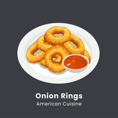 Onion rings on plate with sauce. Vector illustration