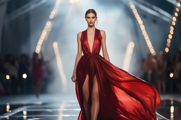 Naklejka premium beautiful model walking on runway fashion show in designed dress