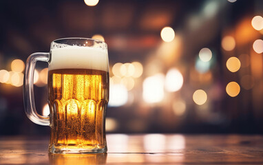 Mug of beer the wooden table in a bar