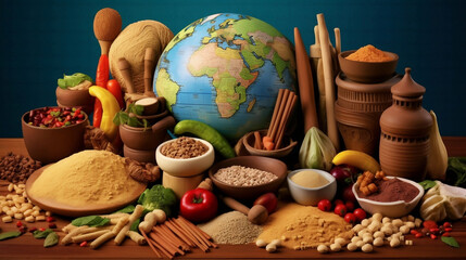 Earth globe at the center of food variety, cooking ingredients and cooking utensils, world food day and flavorful international cuisine concept.