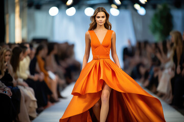 beautiful model walking on runway fashion show in designed dress