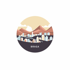 Portugal Braga cityscape skyline city panorama vector flat modern logo icon. Minho Province town emblem with landmarks and building silhouettes at sunrise or sunset, isolated graphic idea