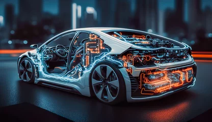 Fotobehang EV electric car system or futuristic automotive technology with connecting power control.super computer in modern machine.artificial intelligence development. © Limitless Visions