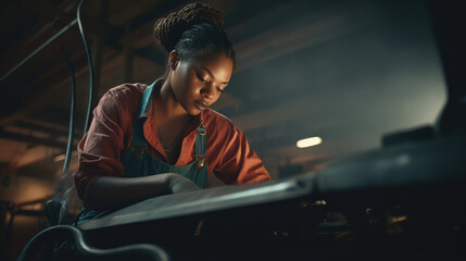 woman working with car on a factory