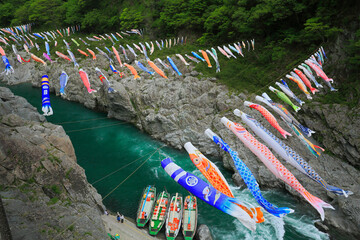 Oboke Gorge and carp streamers, Japan,Tokushima Prefecture,Miyoshi, Tokushima