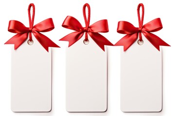 A blank gift tag tied with red ribbon on a white background