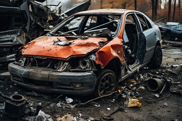 Carcass of crashed car in front side, Car insurance concept