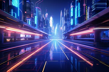 Fototapeta na wymiar Futuristic city corridor with retro vibes and neon accents. 3D-rendered urban back drop. Generative AI