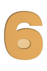 Orange paper font number 6 isolated on transparent background.