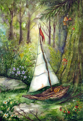 A small dilapidated shipwrecked sailboat got lost in a forest in a glade among trees, plants, and flowers. Hand drawn watercolor illustration art - 643875834