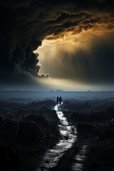 Silhouettes of Couple Walking in Apocalyptic Landscape