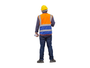 Rear view of Engineer under inspection and checking project at the building site, Foreman worker in hardhat at the infrastructure construction site