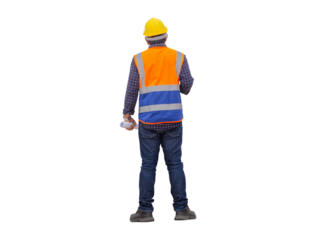 Rear view of Engineer under inspection and checking project at the building site, Foreman worker in hardhat at the infrastructure construction site