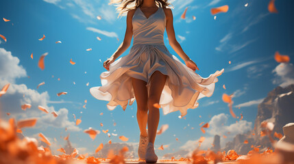 Woman in White Dress Walking with Wind-Blown Red Petals