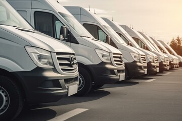 Line of white vans available for sale or rent at a dealership. Includes both used and new buses, catering to the transport industry. Generative AI