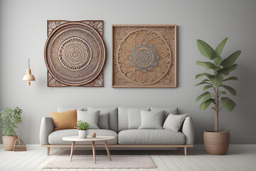 Boho style interior Wall mockup Wall art 3d render 3d illustration. Modern living room