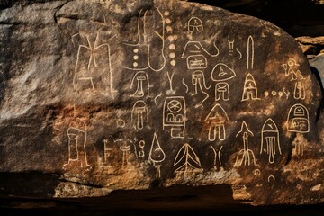 Historic rock carvings: native symbols engraved onto rock surface. Generative AI