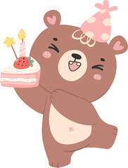 Cute birthday bear with cake nursery kid cartoon doodle illiustration.