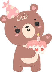 Cute birthday bear with cake nursery kid cartoon doodle illiustration.
