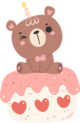 Obraz na płótnie Canvas Cute birthday bear with cake nursery kid cartoon doodle illiustration.