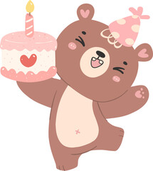 Cute birthday bear with cake nursery kid cartoon doodle illiustration.