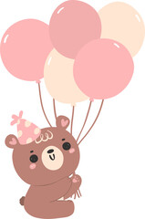 Cute birthday bear with balloons nursery kid cartoon doodle illiustration.