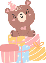 Cute birthday bear, kawaii teddy with gift boxes animal cartoon hand drawn flat design illustration