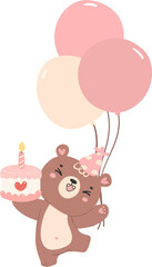 Cute birthday bear with balloons nursery kid cartoon doodle illiustration.