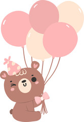 Cute birthday bear with balloons nursery kid cartoon doodle illiustration.