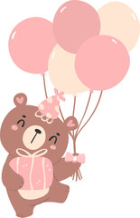 Cute birthday bear with balloons nursery kid cartoon doodle illiustration.