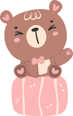 Cute birthday bear, kawaii teddy with pink gift box animal cartoon hand drawn flat design illustration