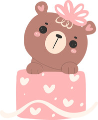Cute birthday bear, kawaii teddy with pink gift box animal cartoon hand drawn flat design illustration