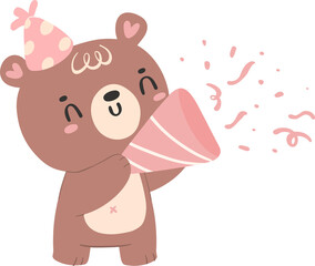 Fototapeta premium Cute birthday bear, kawaii teddy with pink gift box animal cartoon hand drawn flat design illustration
