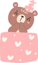 Cute birthday bear, kawaii teddy with pink gift box animal cartoon hand drawn flat design illustration