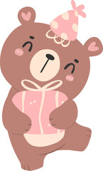 Cute birthday bear, kawaii teddy with pink gift box animal cartoon hand drawn flat design illustration
