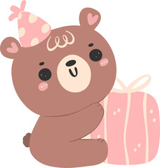 Cute birthday bear, kawaii teddy with pink gift box animal cartoon hand drawn flat design illustration