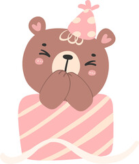 Cute birthday bear, kawaii teddy with pink gift box animal cartoon hand drawn flat design illustration