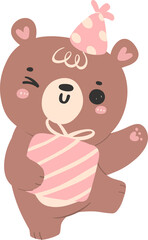 Cute birthday bear, kawaii teddy with pink gift box animal cartoon hand drawn flat design illustration