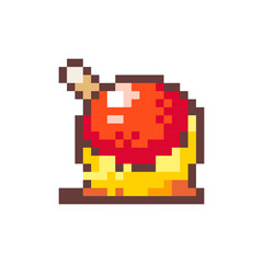 Pixel Art Caramel Apple. Retro 8 bit Style Sweet Candy Fruit Covered by Sugar Illustration. Ideal for Sticker, Retro Decorative Element, Game Asset, Emoji, Patch or Cute Geek Avatar.	