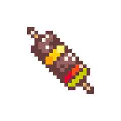 Pixel Art Meat On a Stick. Retro 8 bit Style Street Food Meat Skewers Illustration. Ideal for Sticker, Retro Decorative Element, Game Asset, Emoji, Patch or Cute Geek Avatar.	