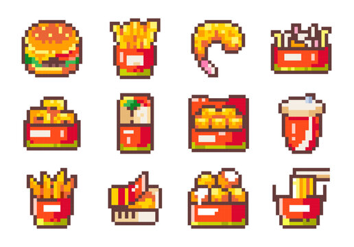 Classic Fast Food Pixel Art Set. Video Game Style 8 bit Collection. Pixel art Burger, French Fries, Fried Shrimp, Coleslaw Salad, Cheese balls, Sweet Potato, Cheese Sauce, Ramen Noodle, Nuggets, Roll.