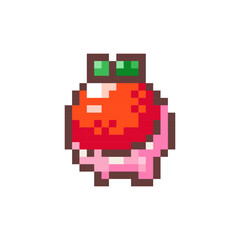 Pixel Art Strawberry In Chocolate. Retro 8 bit Style Street Food Sweet Dessert Illustration. Ideal for Sticker, Retro Decorative Element, Game Asset, Emoji, Patch or Cute Geek Avatar.	