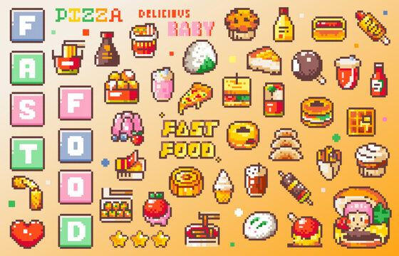 Pixel Art Fast Food Icons. 8bit style stickers of Pixelated Street Food Meals - Japanese Onigiri and Mochi, Korean Meat Skewers, Gyoza, Cakes, Cheese Balls, Burgers, Desserts, Pizza, Noodles, Sauces