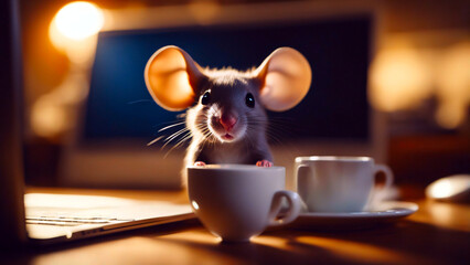 "Computermaus" einmal anders. Erschrockene Maus mit riesigen Ohren, Laptop, Computerdisplay und zwei Kaffeetassen.