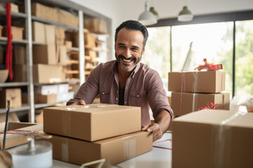 Happy male business owner packing parcels