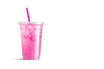 Pink drink in plastic cup isolated on white background. Take away drinks concept with copy space