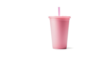 Pink drink in plastic cup isolated on white background. Take away drinks concept with copy space