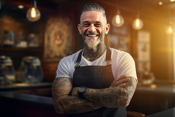 Male barista with tattoo standing in coffee shop