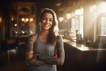 female barista with tattoo standing in coffee shop